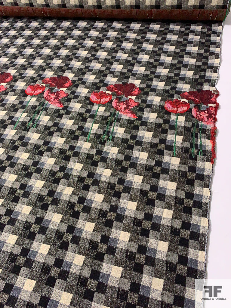Italian Floral and Checkered Metallic Brocade Panel - Black/Cream/Grey ...
