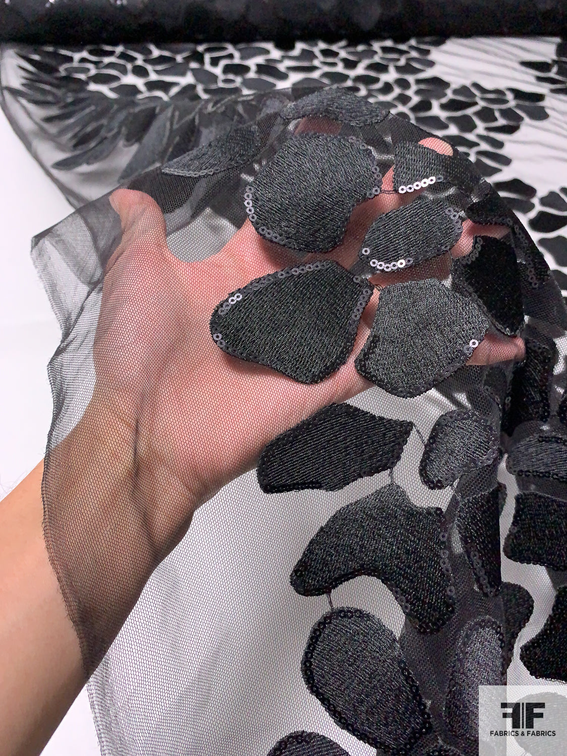 Patterned Tulle Floral Pattern Embroidered Tulle with Sequins - Black | FABRICS ...