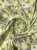 Italian Floral Printed Cotton Lawn - Pastel Lime / Black / Off-White