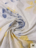 Italian Floral Textured Novelty Woven with Vertical Mechanical Stretch - Light Ivory / Blue / Yellow