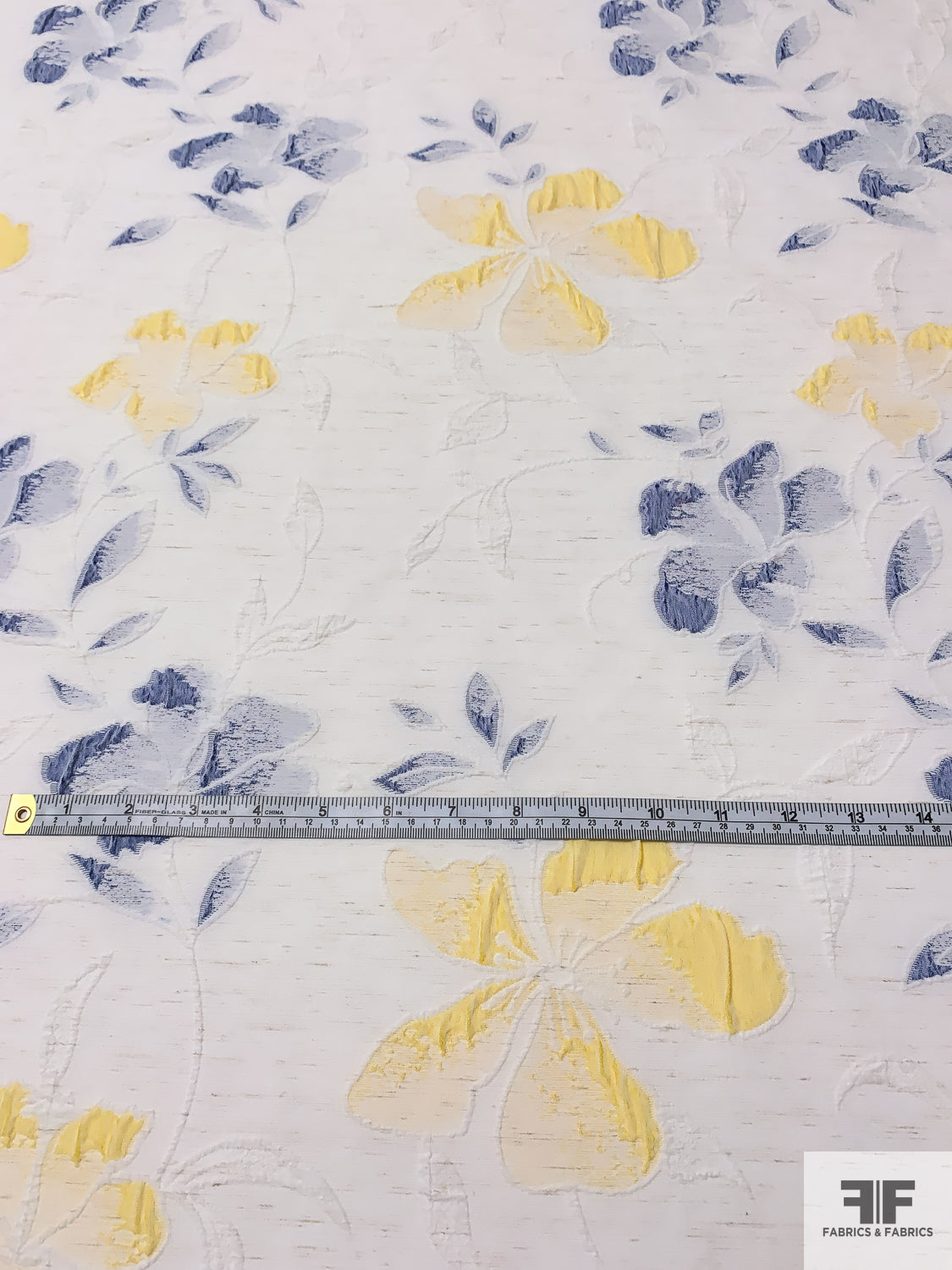 Italian Floral Textured Novelty Woven with Vertical Mechanical Stretch - Light Ivory / Blue / Yellow
