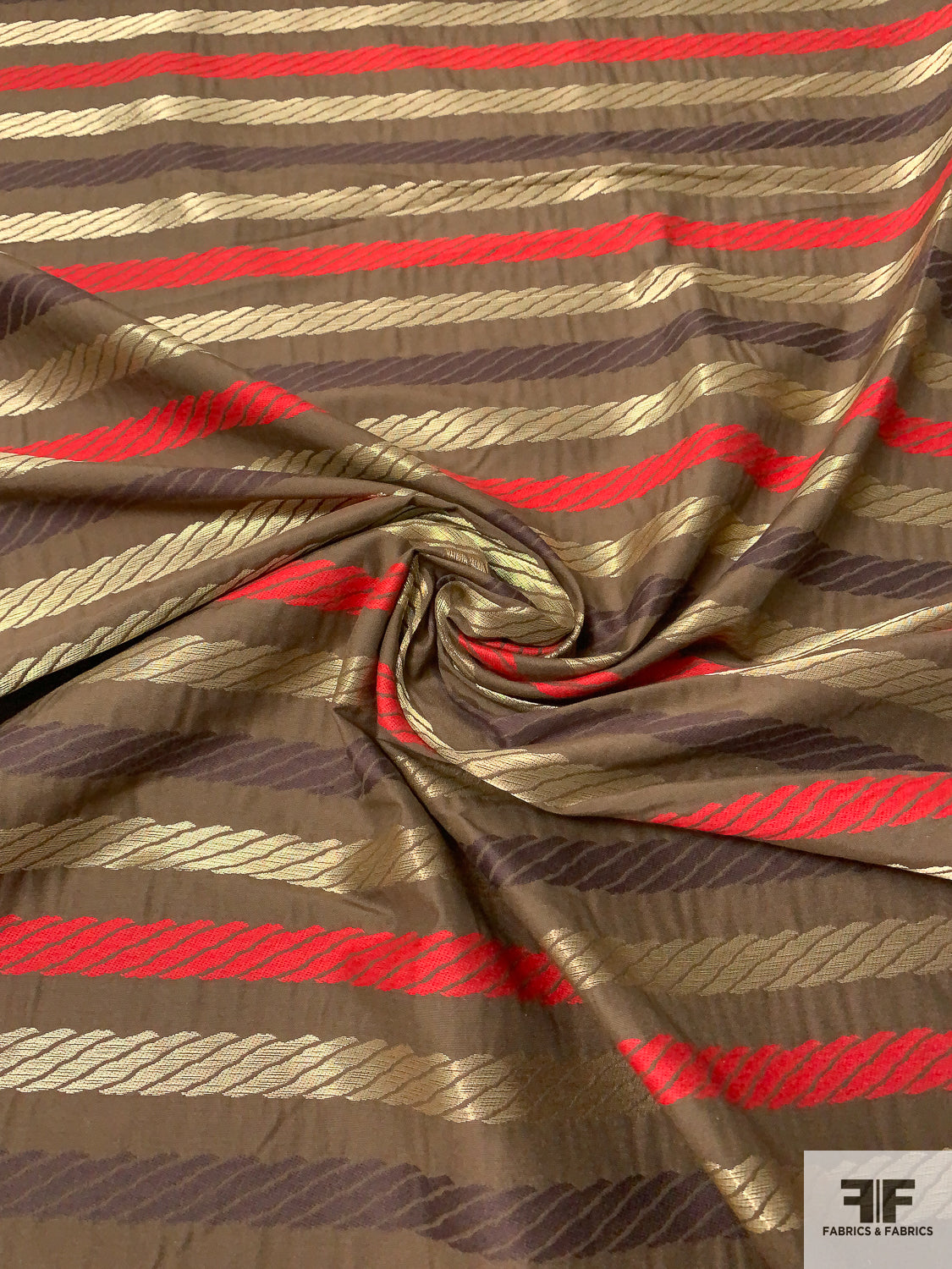 Marc Jacobs Vintage Rope Pattern Horizontal Striped Metallic Brocade - Field Brown / Red / Gold