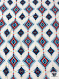 Ethno-Geometric Printed Rayon Challis - Blue / Light Blue / Red / Yellow / White
