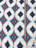 Ethno-Geometric Printed Rayon Challis - Blue / Light Blue / Red / Yellow / White