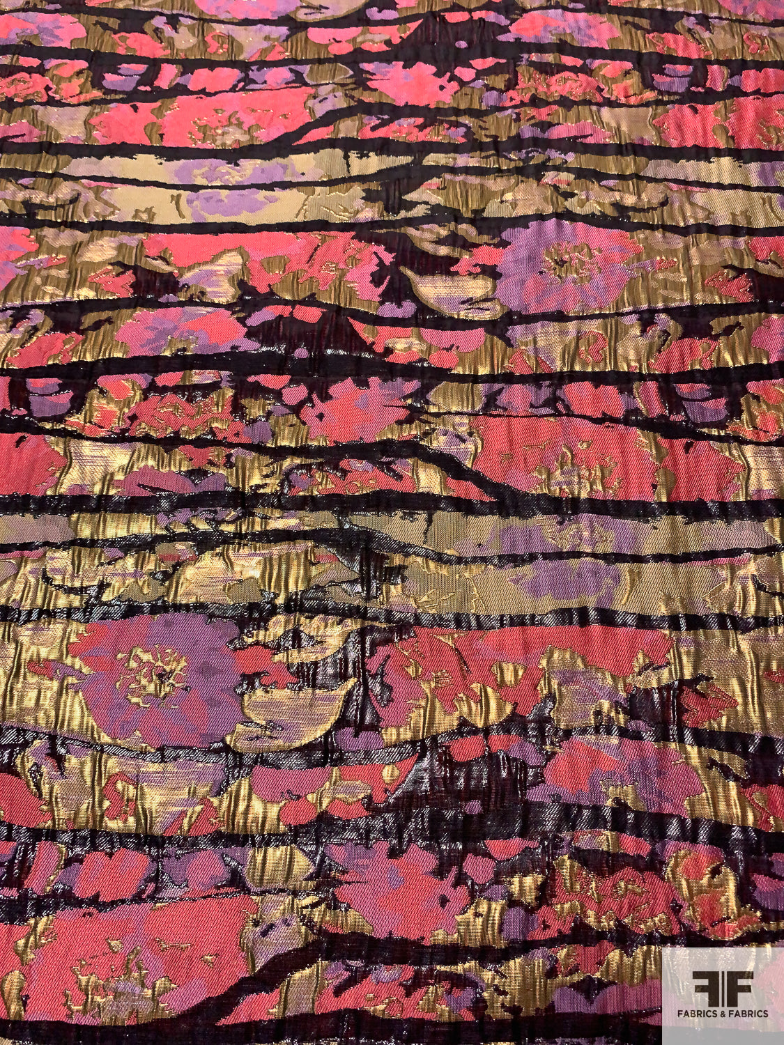 Abstract Textured and Glossy Metallic Brocade - Pink Melon / Lavender / Gold / Black