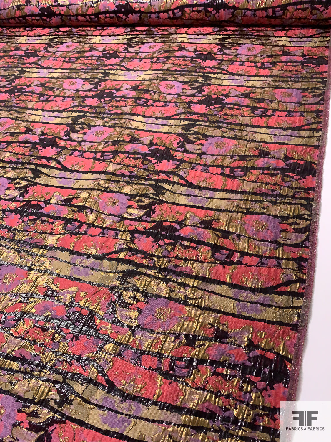 Abstract Textured and Glossy Metallic Brocade - Pink Melon / Lavender / Gold / Black