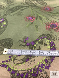 Ethereal Paisley Printed Stretch Cotton Corduroy Panel - Khaki / Earth Green / Purple
