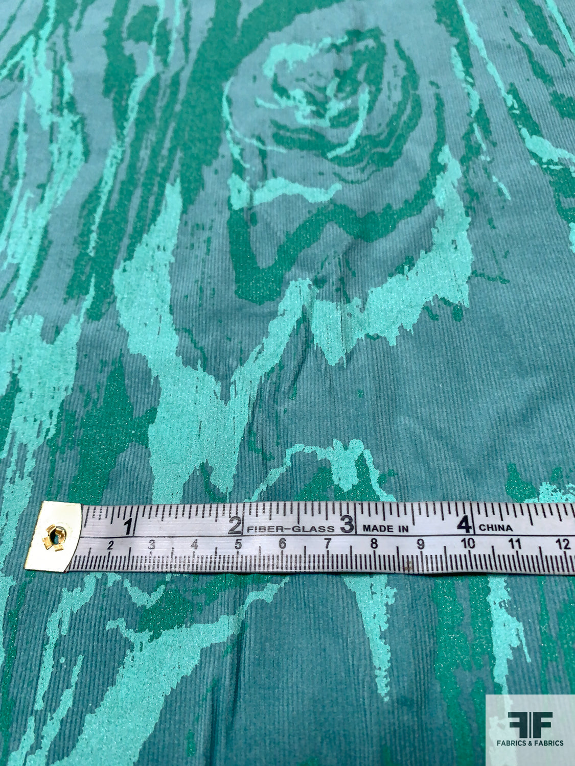 Wood Grain Printed Pinwale Stretch Cotton Corduroy with Glitter Detail - Ocean Greens