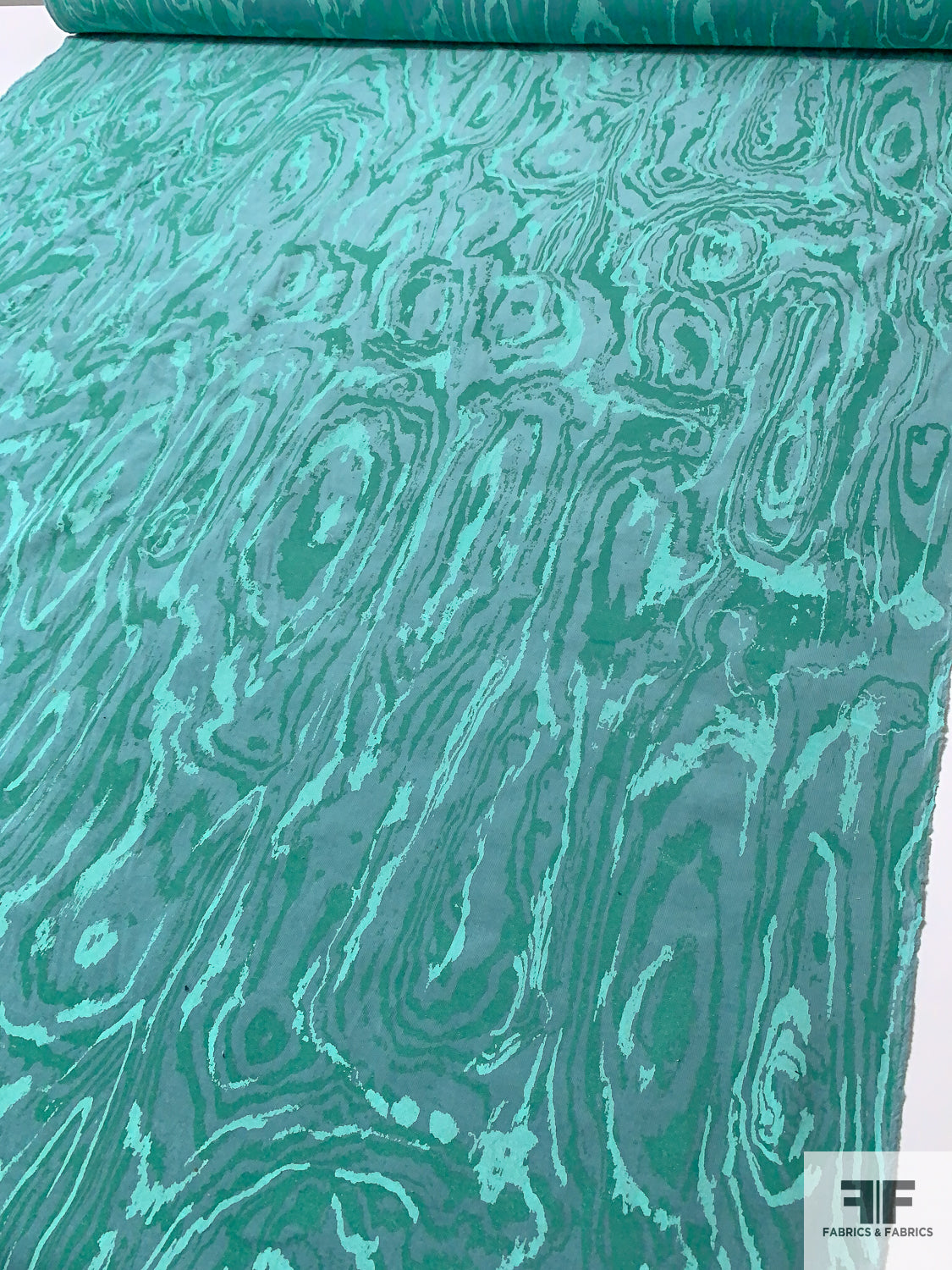 Wood Grain Printed Pinwale Stretch Cotton Corduroy with Glitter Detail - Ocean Greens