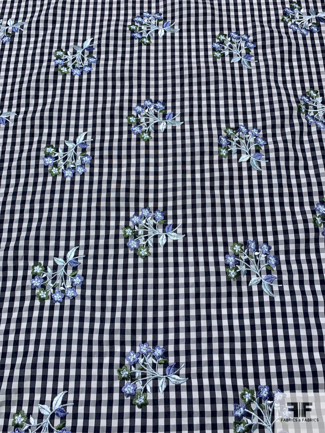 Gingham Pattern Soft Taffeta-Like Polyester Shirting with Floral Embroidery - Navy / White / Green