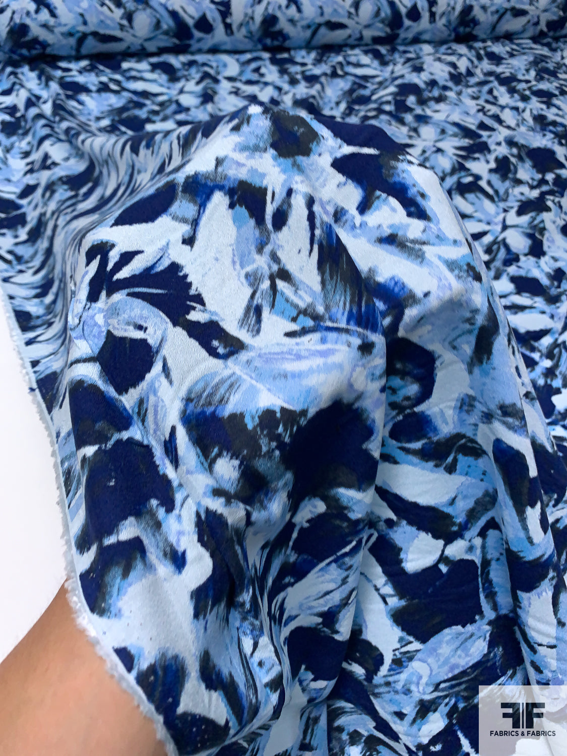 Abstract Painterly Printed Rayon Crepe - Navy / Sky Blue