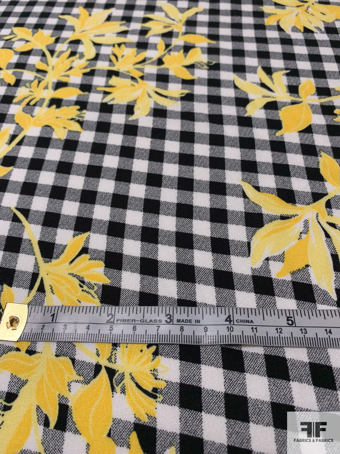 Gingham and Floral Stem Silhouette Printed Rayon Crepe - Yellow / Black / White