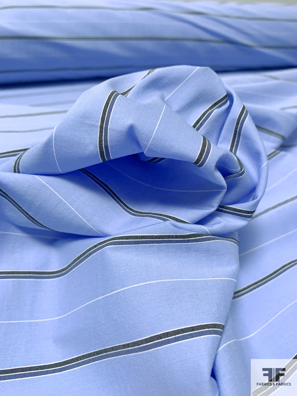 Italian Striped Cotton Shirting with Mechanical Stretch - Blue / Black / White