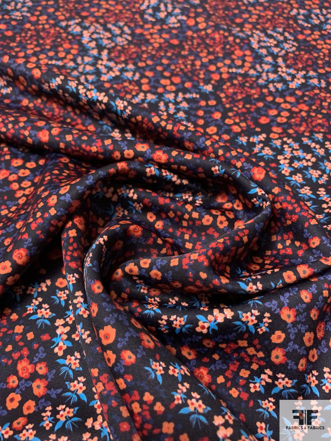 Ditsy Floral Printed Low-Sheen Polyester Charmeuse - Orange / Burnt Orange / Blues / Black