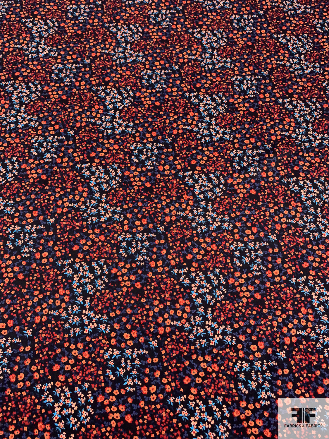 Ditsy Floral Printed Low-Sheen Polyester Charmeuse - Orange / Burnt Orange / Blues / Black