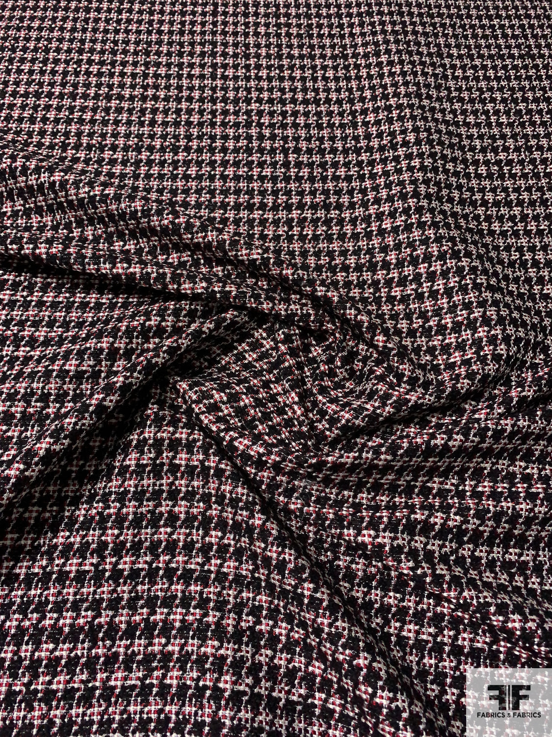 Italian Houndstooth Pattern Stiff Tweed - Black / Red / Off-White