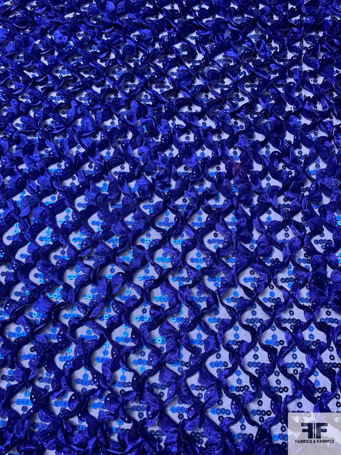 Blue Ruffles Fabric 3D Ruffle Work and Sequins on Tulle - Royal Blue | FABRICS & FABRICS ...