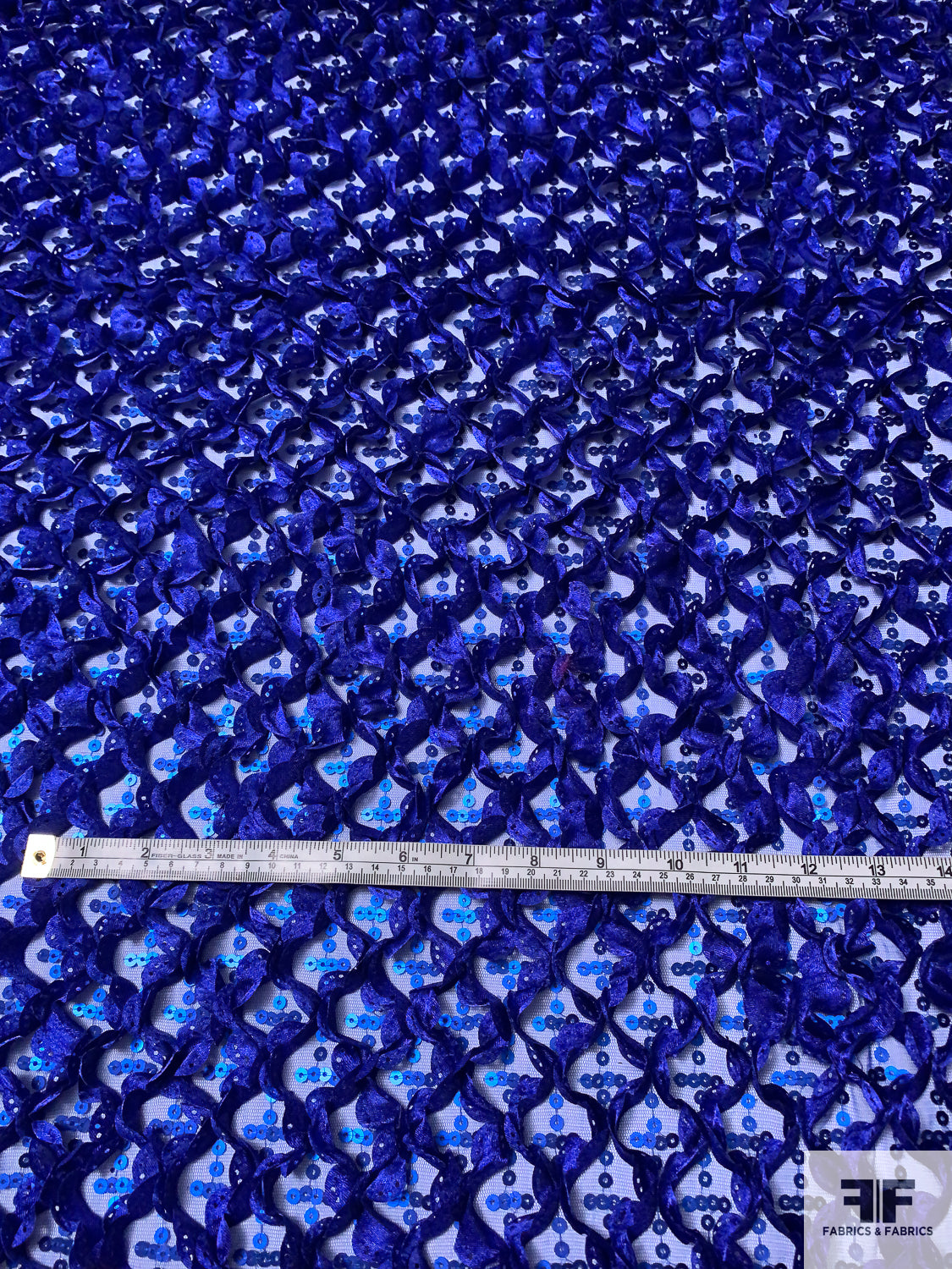 Blue Ruffles Fabric 3D Ruffle Work and Sequins on Tulle - Royal Blue | FABRICS & FABRICS ...