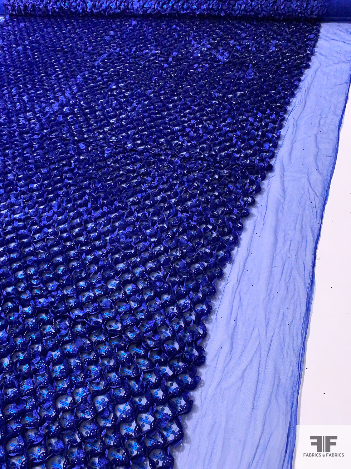 Blue Ruffles Fabric 3D Ruffle Work and Sequins on Tulle - Royal Blue | FABRICS & FABRICS ...