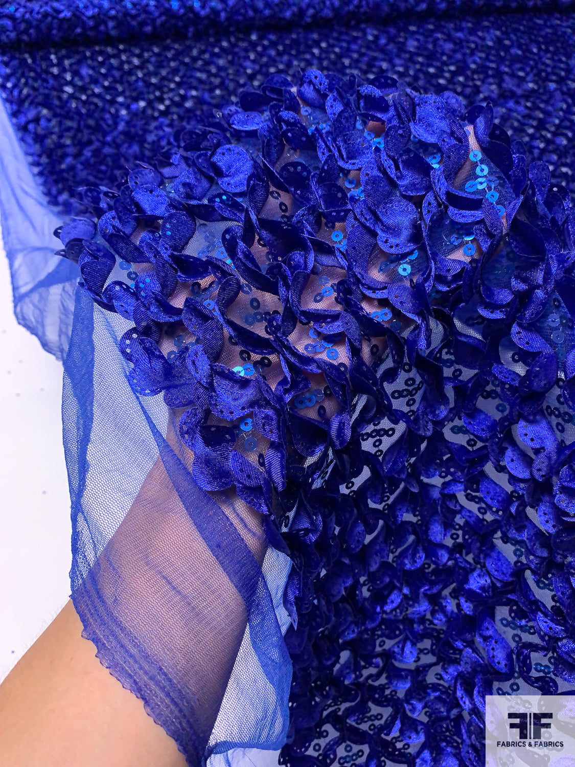 Blue Ruffles Fabric 3D Ruffle Work and Sequins on Tulle - Royal Blue | FABRICS & FABRICS ...
