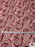 Rosette Textured Eyelash Embroidered Tulle - Berry Red / Gold
