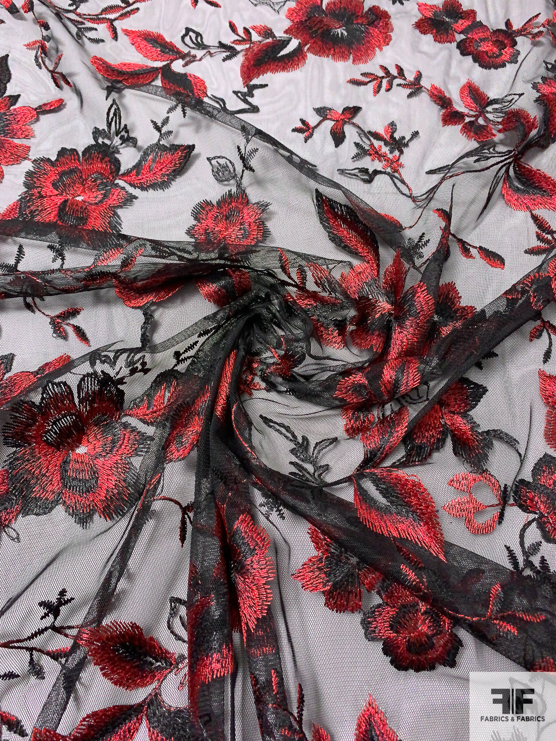 Vine Floral Embroidered Tulle - Red/Black
