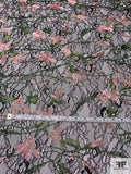 Double-Scalloped Wild Floral Embroidered Lace - Pink Salmon / Mossy Green / Black