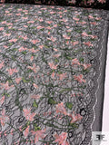 Double-Scalloped Wild Floral Embroidered Lace - Pink Salmon / Mossy Green / Black