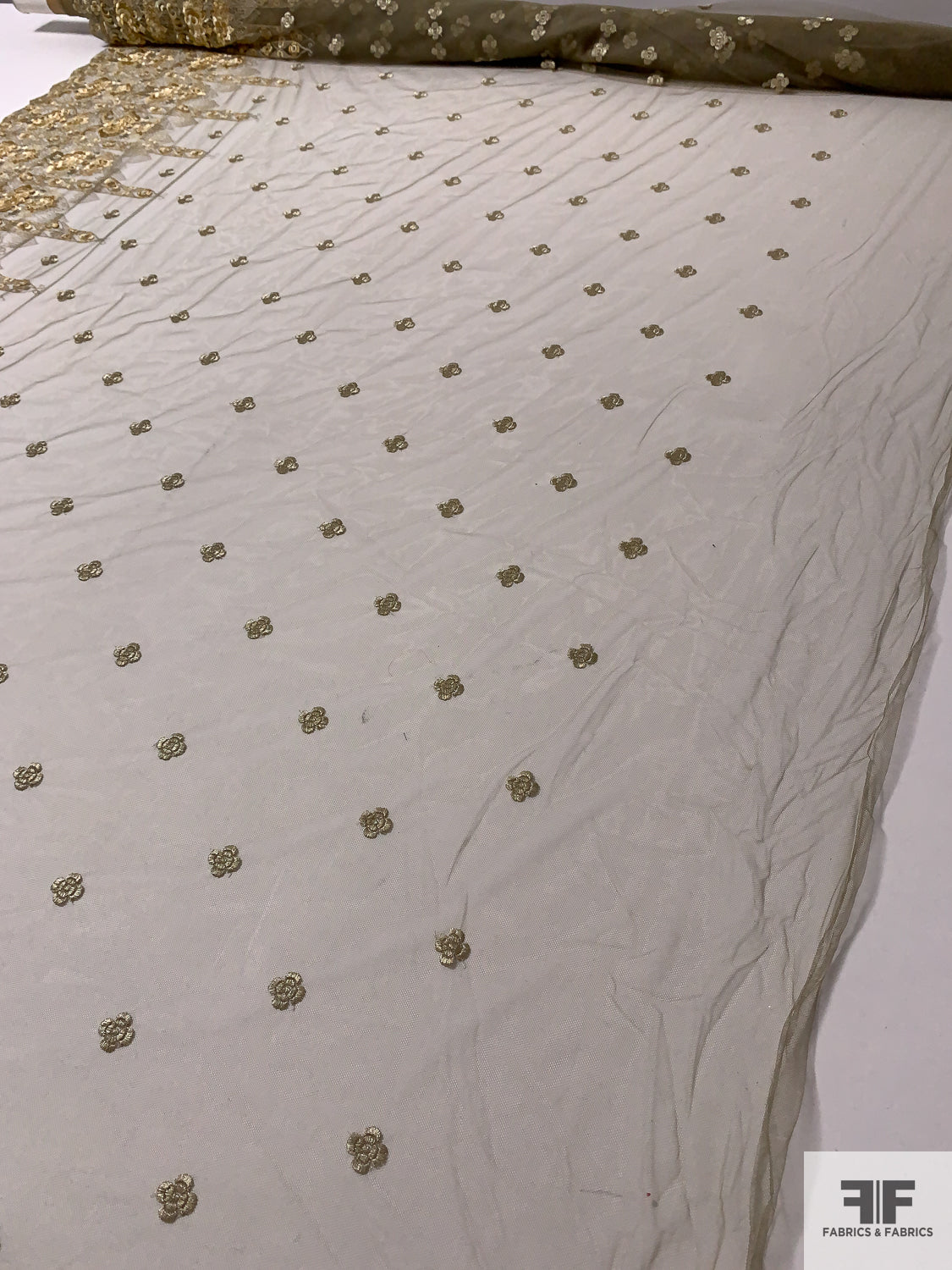 Italian Regal Border Pattern Embroidered Fine Tulle - Gold / Light Gold / Light Olive