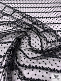 Polka Dot Flocked and Stripe Embroidered Fine Tulle - Black
