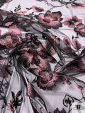 Double-Scalloped Romantic Floral Embroidered Tulle - Dusty Rose / Black