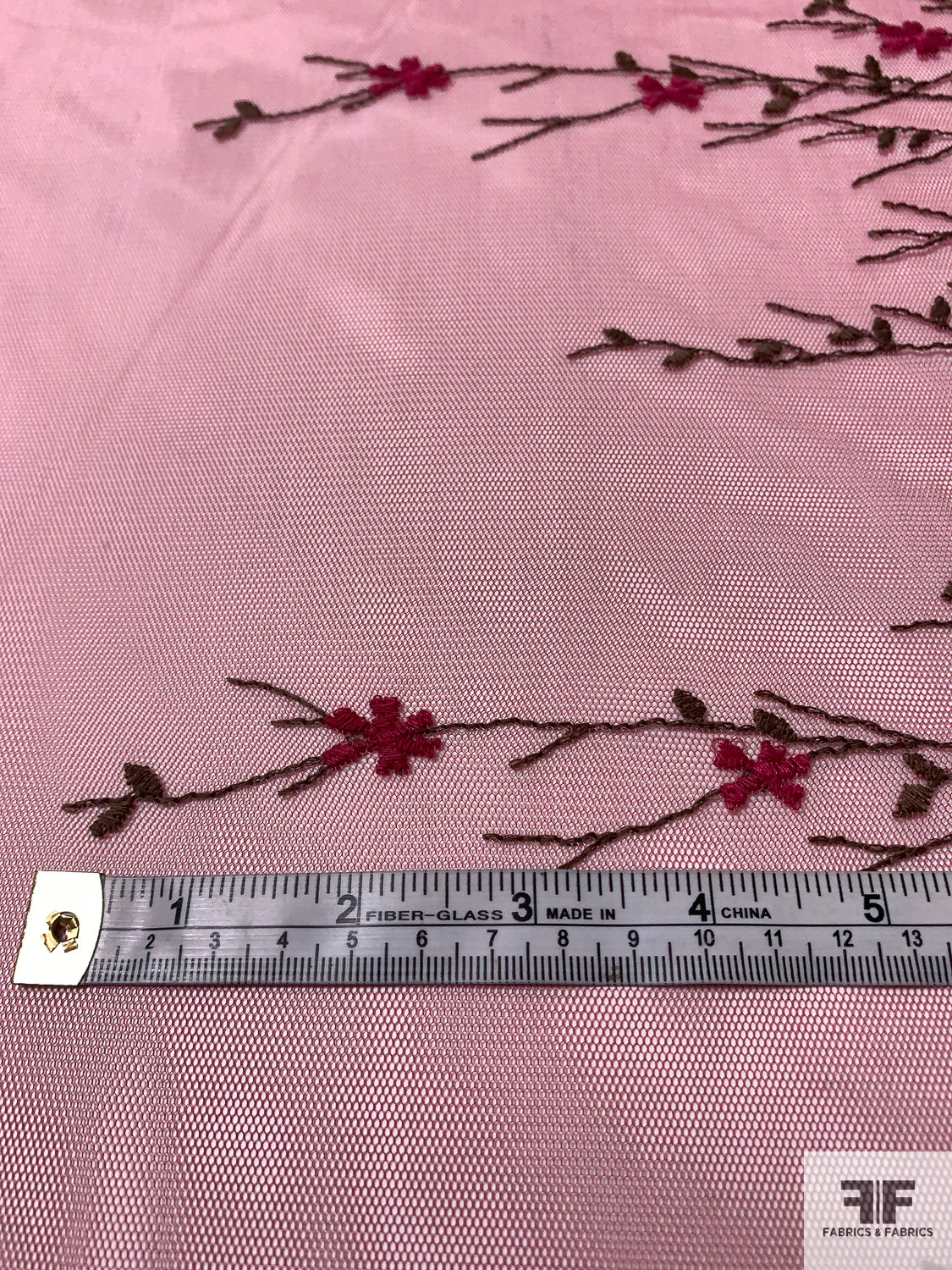 Border Pattern Floral Stems Embroidered Tulle - Dusty Cherry / Moss Green / Magenta