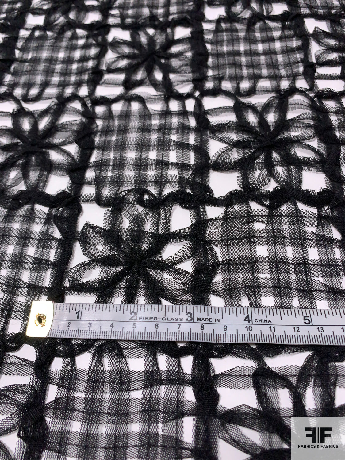 Open Stitched Tulle Strips in Floral Checkerboard Design - Black
