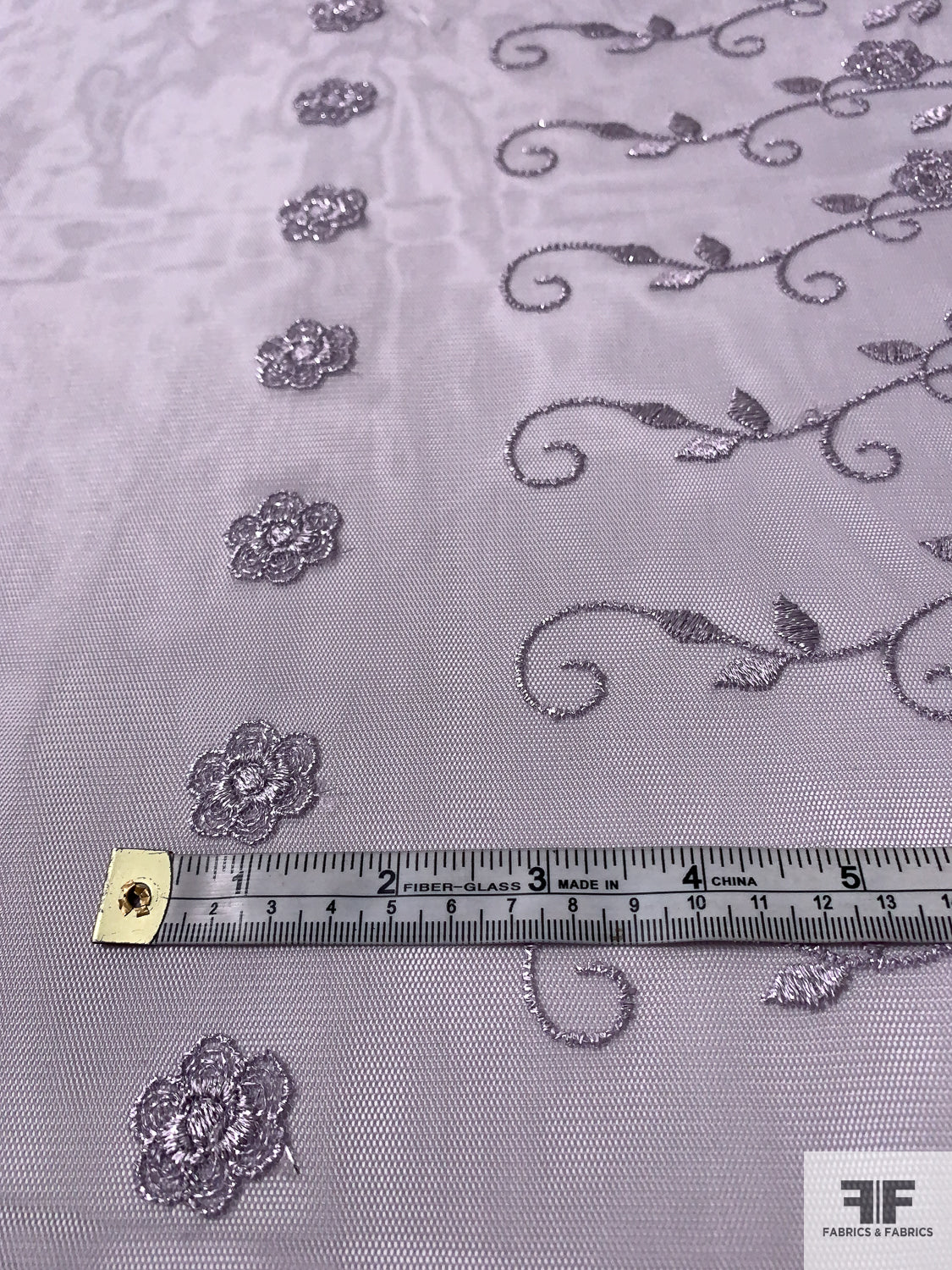 Floral Vine Embroidered Tulle with Guipure Border and Metallic Detailing - Dusty Lilac / Silver