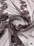Floral Vine Vertically Embroidered Tulle - Plum Brown