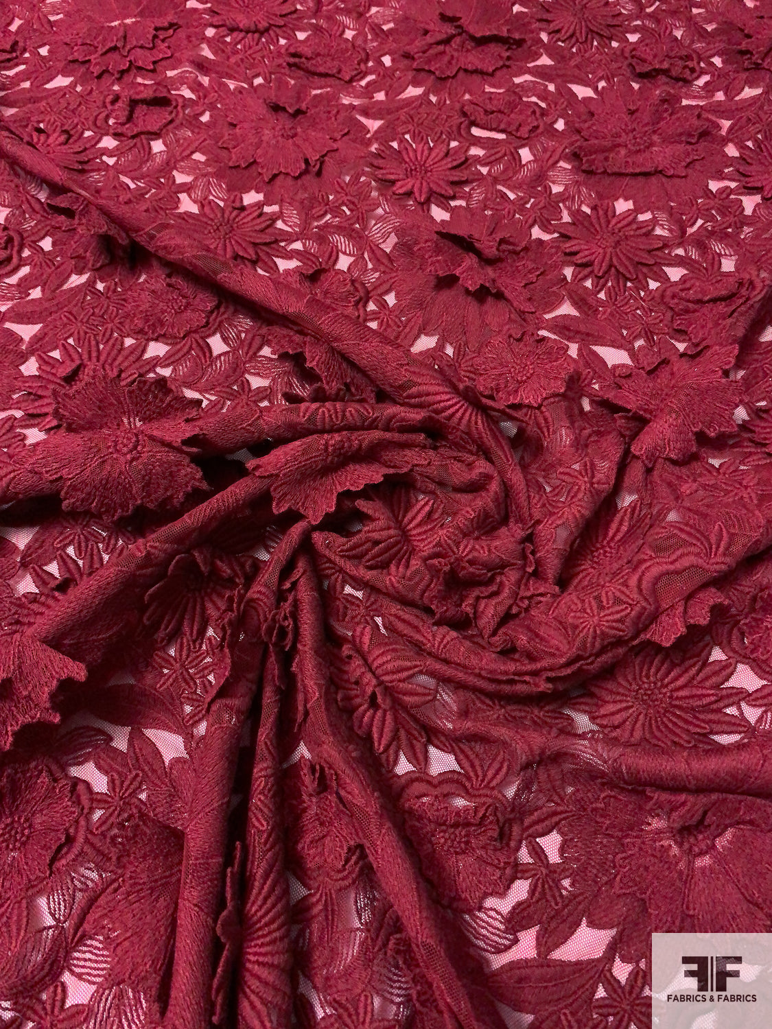 3D Floral Heavily Embroidered Tulle - Maroon
