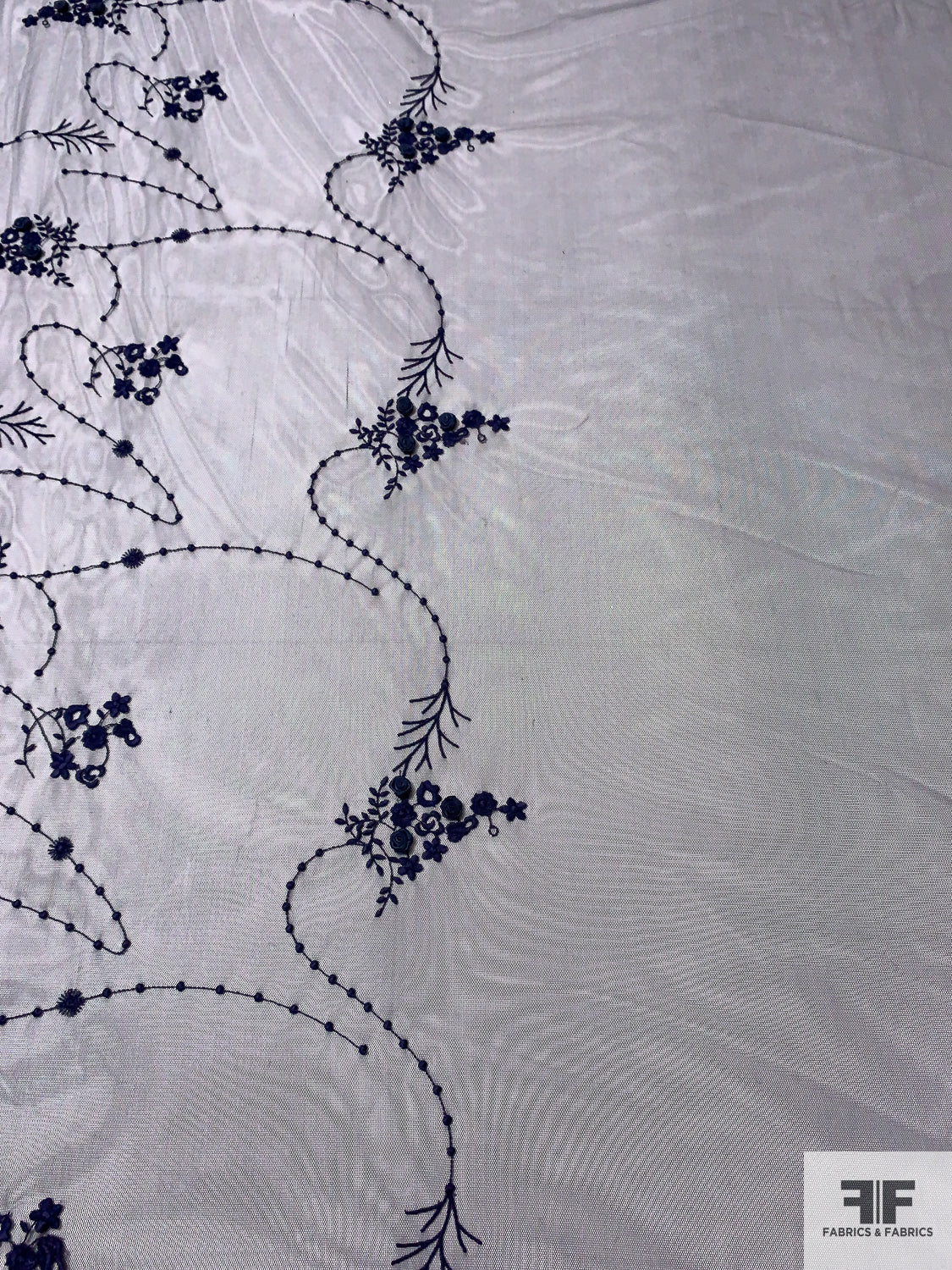 French Scalloped Border Pattern Trailing Floral Embroidered Tulle with 3D Flowers - Navy