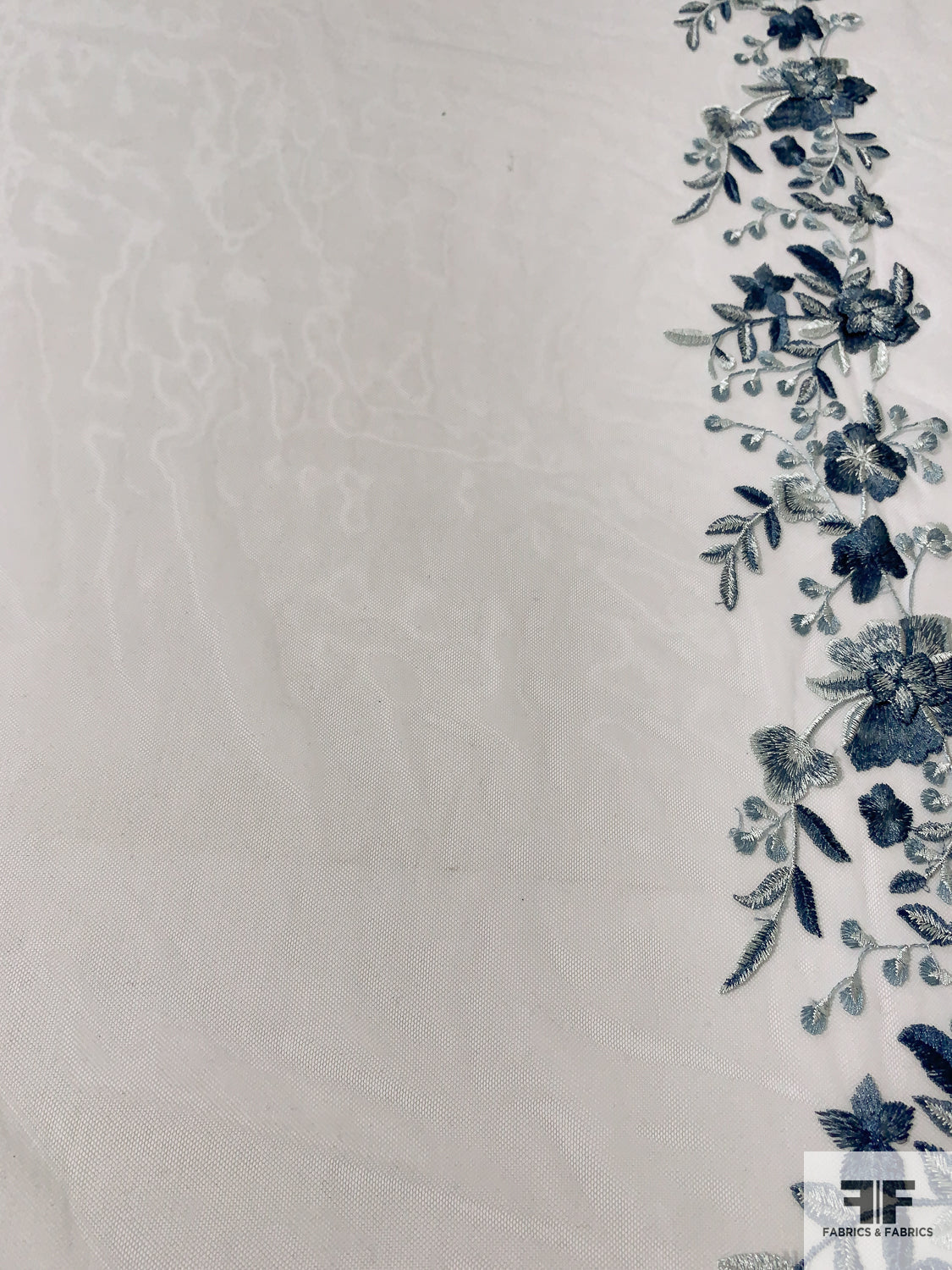 Border Pattern Floral Embroidered Tulle - Frost Sky / Dusty Blue / Grey