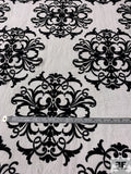 Flocked Damask Pattern on Floral Lace Tulle - Black / Off-White
