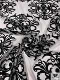 Flocked Damask Pattern on Floral Lace Tulle - Black / Off-White