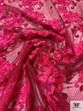 Floral Ribbon Embroidered Mesh Lace with Sequins - Berry Pink