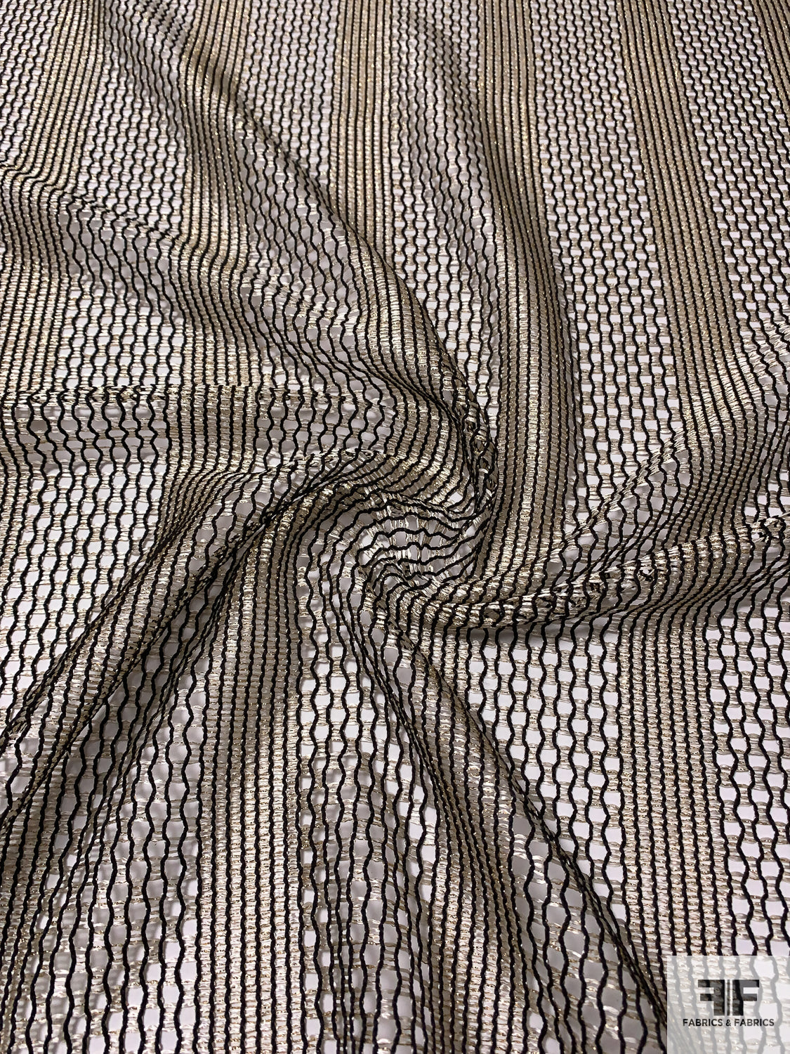 Striped Open-Weave Metallic Mesh Lace - Gold/Black/Off-White Striped Open-Weave Metallic Mesh Lace - Gold/Black/Off-White