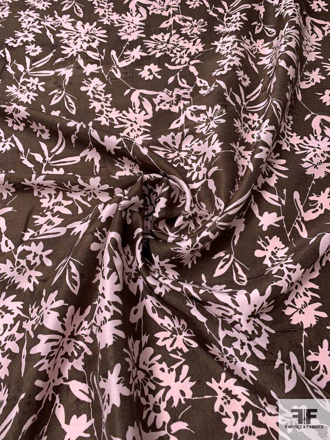 Floral Printed Fine Silk Shantung - Soft Pink / Brown