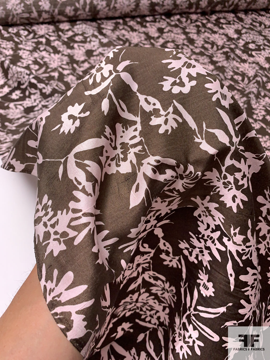 Floral Printed Fine Silk Shantung - Soft Pink / Brown