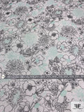 Floral Sketch Printed Silk Chiffon with Silver Lurex Pinstripes - Black / Off-White / Aquamarine