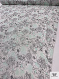 Floral Sketch Printed Silk Chiffon with Silver Lurex Pinstripes - Black / Off-White / Aquamarine