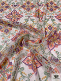 Ornate Vines and Clovers Printed Silk Chiffon with Silver Lurex Pinstripes - Green / Purple / Oranges / Off-White