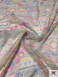 Groovy Circles Printed Silk Chiffon with Silver Lurex Pinstripes - Pink / Yellow / Blues / Greens