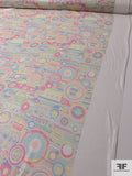 Groovy Circles Printed Silk Chiffon with Silver Lurex Pinstripes - Pink / Yellow / Blues / Greens