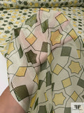 Geometric Links Printed Silk Chiffon with Silver Lurex Pinstripes - Pastel Green / Army Green / Yellow